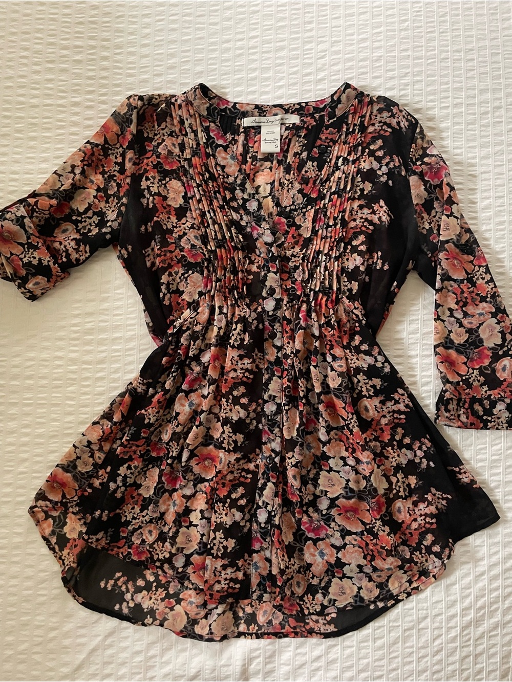 American Rag Black Floral Pintuck Tunic with Pink and Peach Blooms